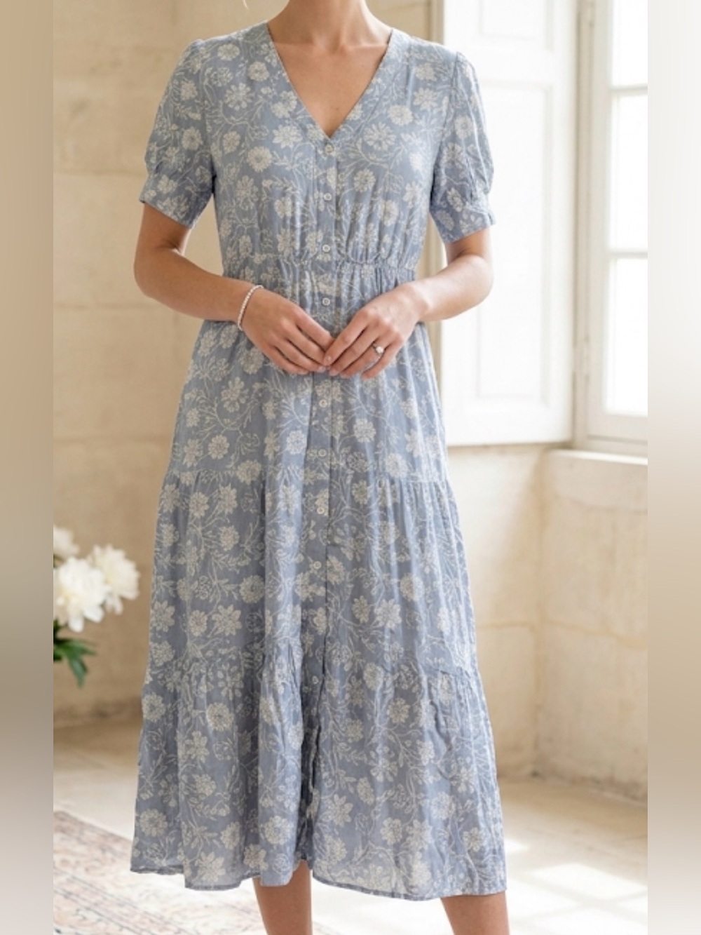 Casa Cabana Blue White Floral Button Front Tiered Rayon Midi Dress Large